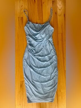 Light Blue Cowl Neck Midi Dress with Spaghetti Straps